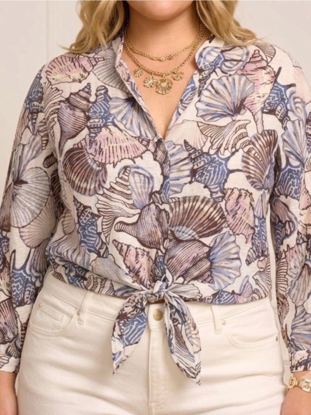 Vince Camuto Seaside Shell Print Tie-Front Top - Pink Blue